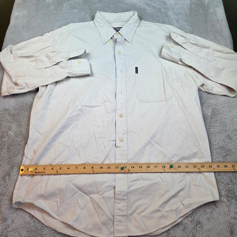 VTG Chaps Button Down Shirt Mens L Ralph Lauren Long Sleeve Twill Pocket Beige